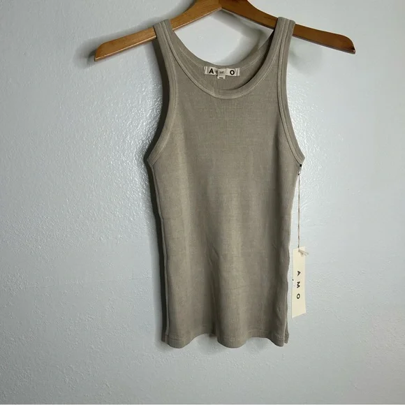 NWT AMO 100% Cotton Ribbed Scoop Neck Tan Tank Top - Picture 4 of 10